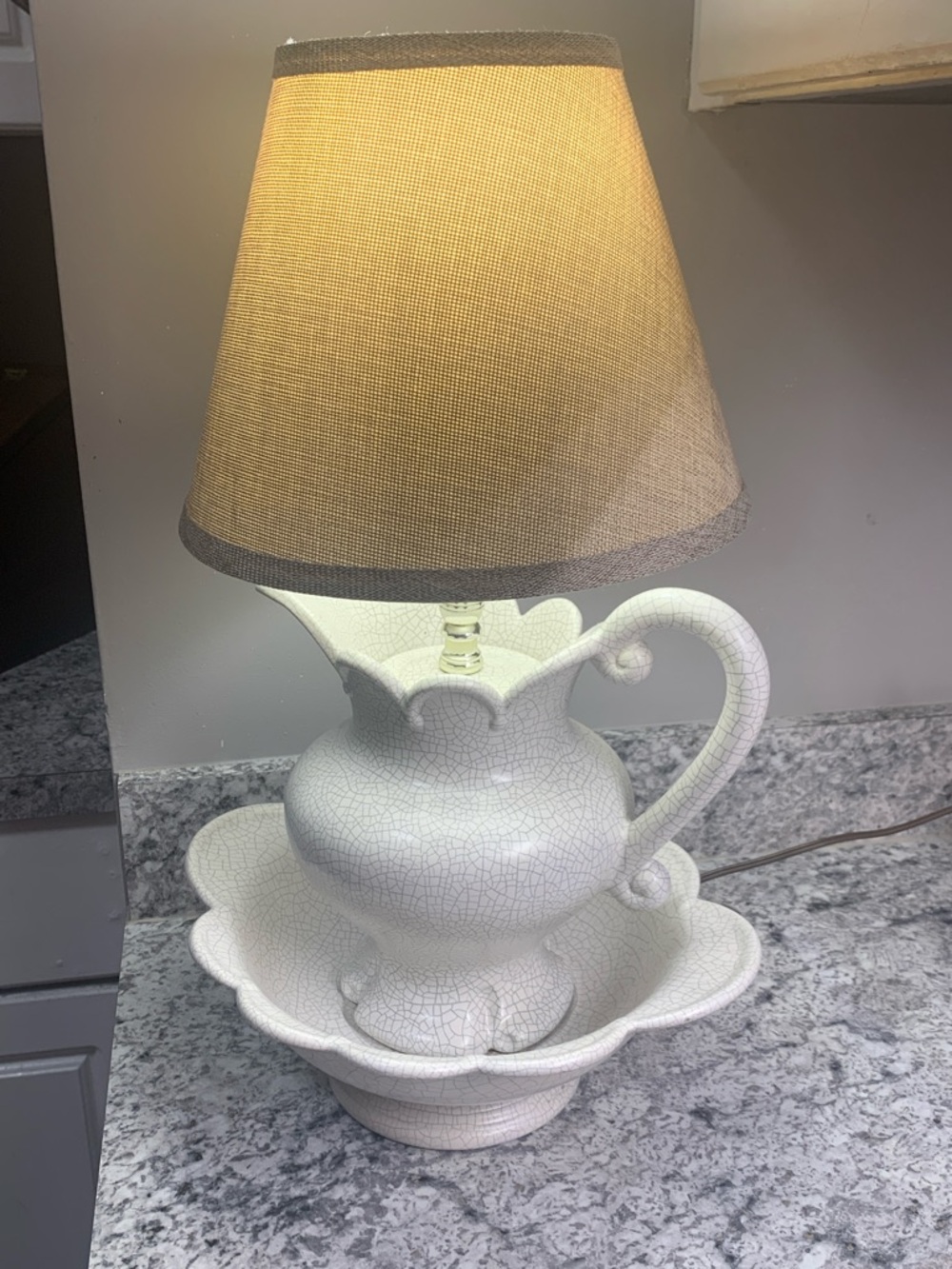 White Crackle Ceramic Pitcher Table Lamp with Scalloped Base